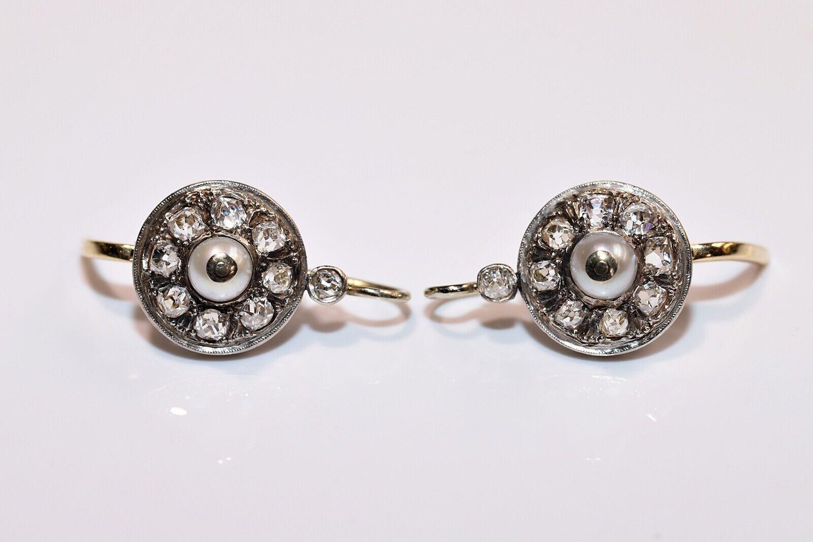 Antique Circa 1900s 18k Gold Natural Old Cut Diamond And Pearl Earring  In Good Condition For Sale In Fatih/İstanbul, 34