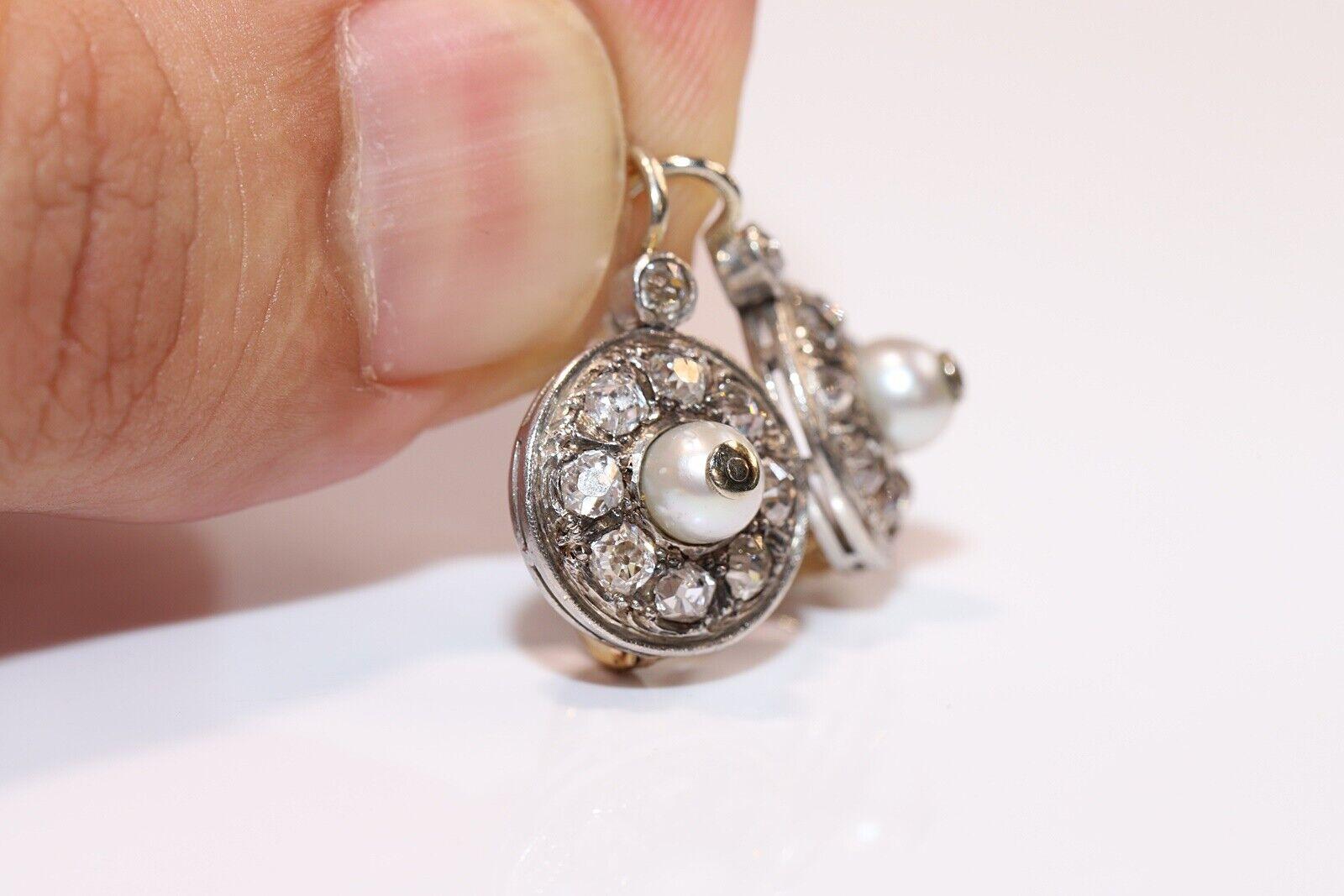 Boucles d'oreilles anciennes des années 1900 en or 18 carats, diamants naturels taille ancienne et perles Pour femmes en vente