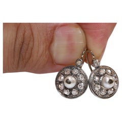 Boucles d'oreilles anciennes des années 1900 en or 18 carats, diamants naturels taille ancienne et perles