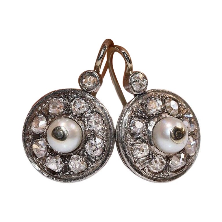 Boucles d
oreilles anciennes des années 1900 en or 18 carats, diamants naturels taille ancienne et perles