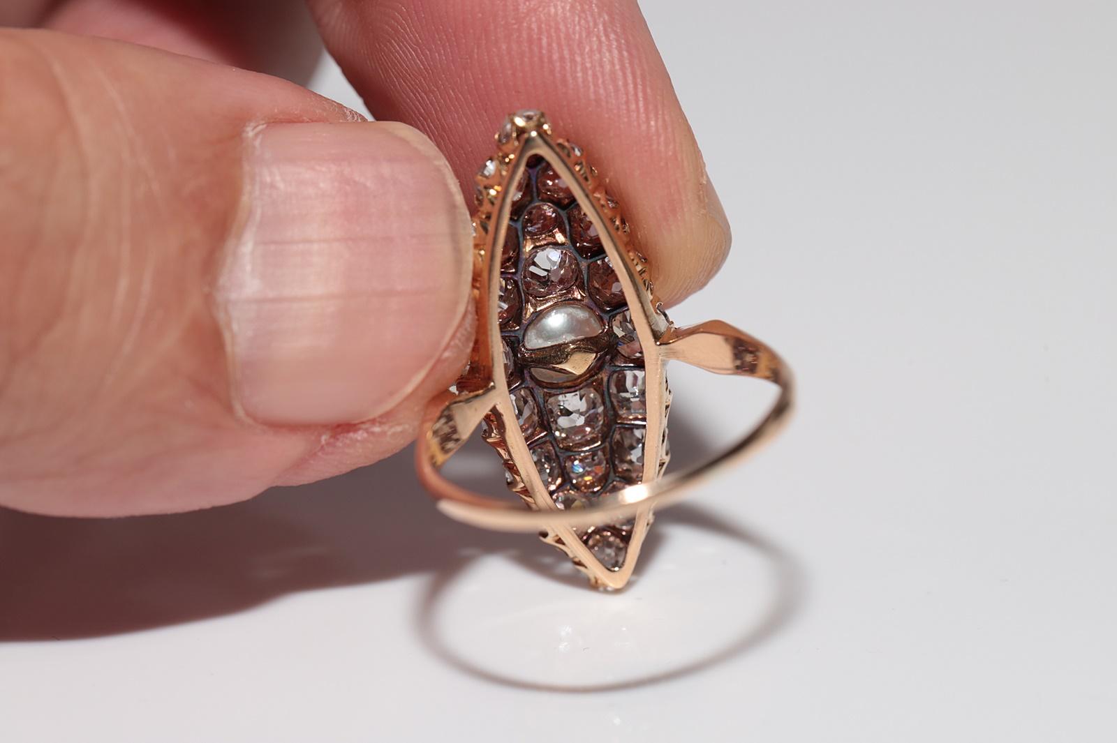Antique Circa 1900s 18k Gold Natural Old Cut Diamond And Pearl Navette Ring For Sale 5