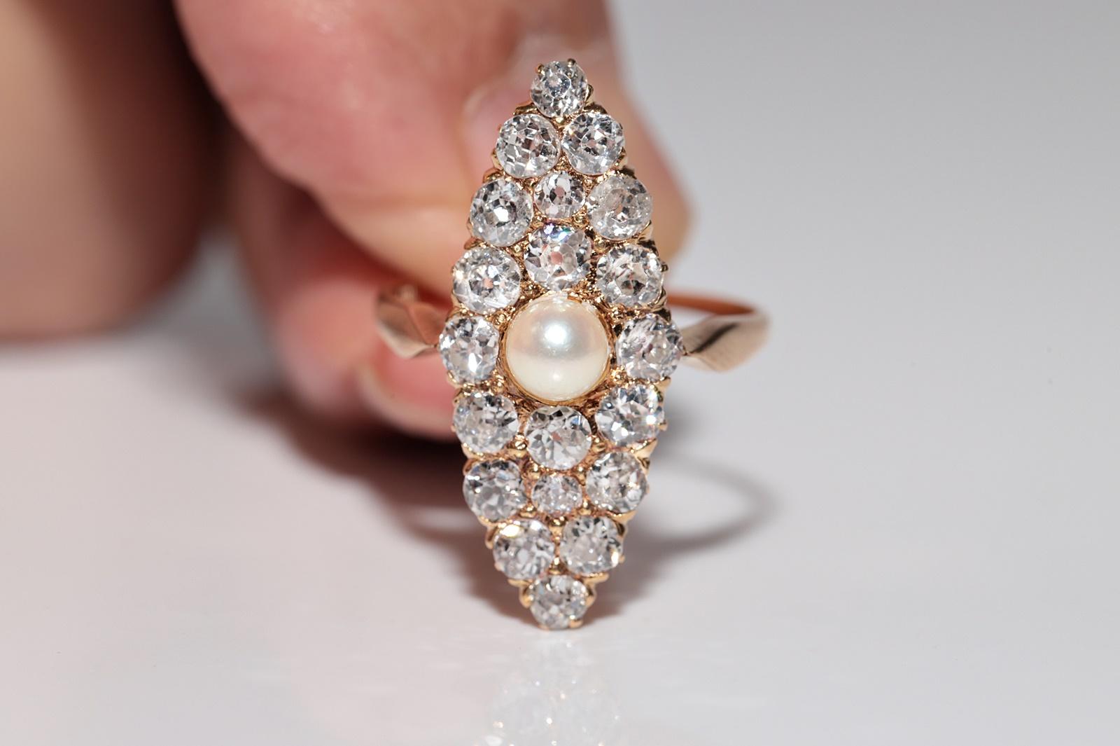 Antique Circa 1900s 18k Gold Natural Old Cut Diamond And Pearl Navette Ring For Sale 9