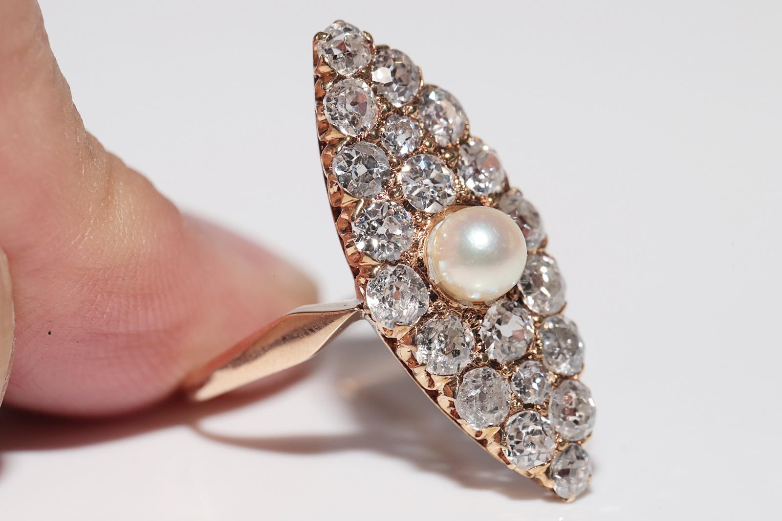 Antique Circa 1900s 18k Gold Natural Old Cut Diamond And Pearl Navette Ring For Sale 10