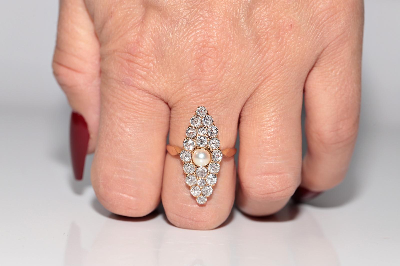 Antique Circa 1900s 18k Gold Natural Old Cut Diamond And Pearl Navette Ring For Sale 13