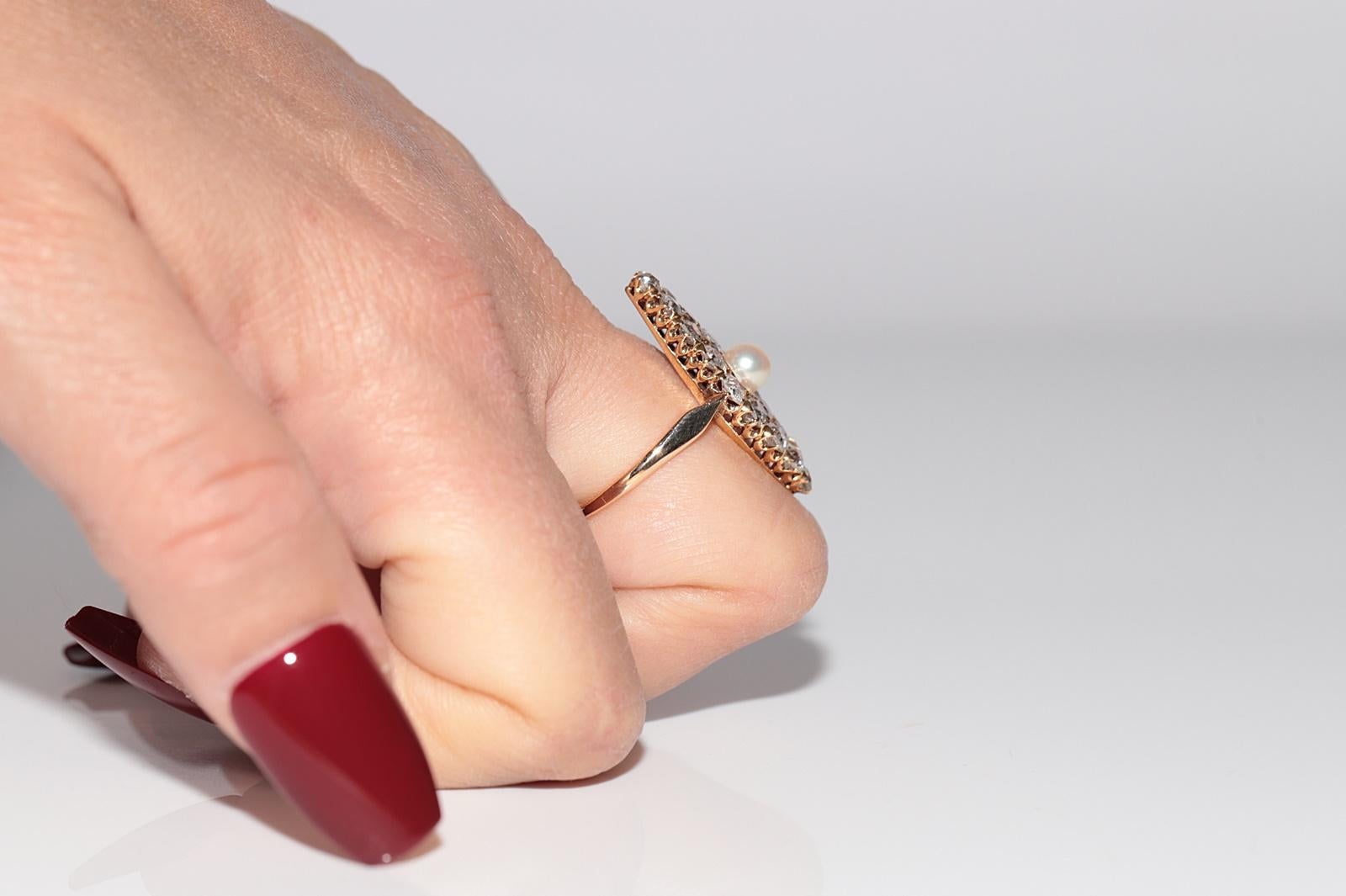 Antique Circa 1900s 18k Gold Natural Old Cut Diamond And Pearl Navette Ring For Sale 14