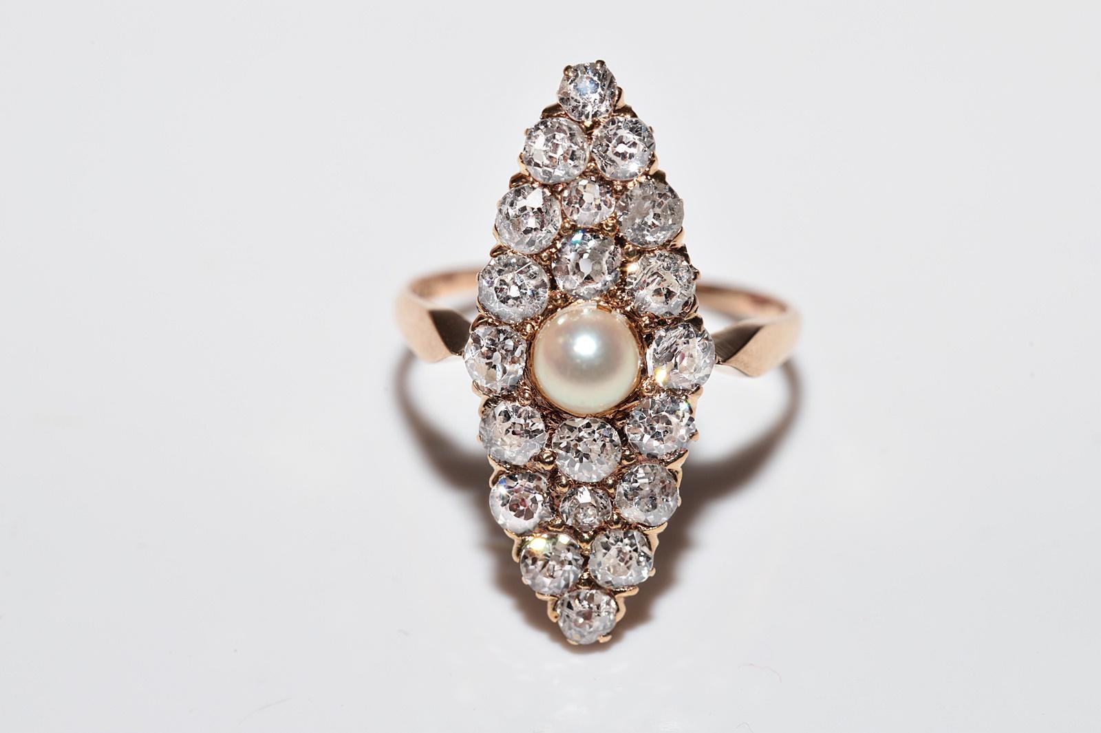 Victorian Antique Circa 1900s 18k Gold Natural Old Cut Diamond And Pearl Navette Ring For Sale