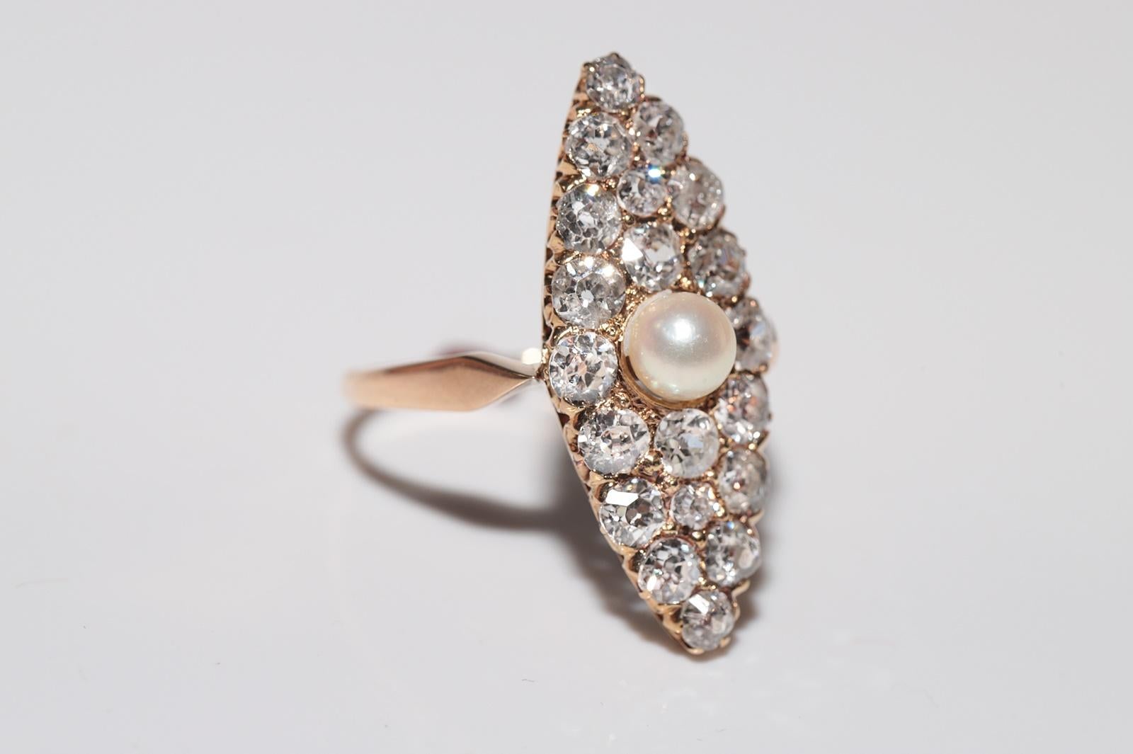 Old Mine Cut Antique Circa 1900s 18k Gold Natural Old Cut Diamond And Pearl Navette Ring For Sale