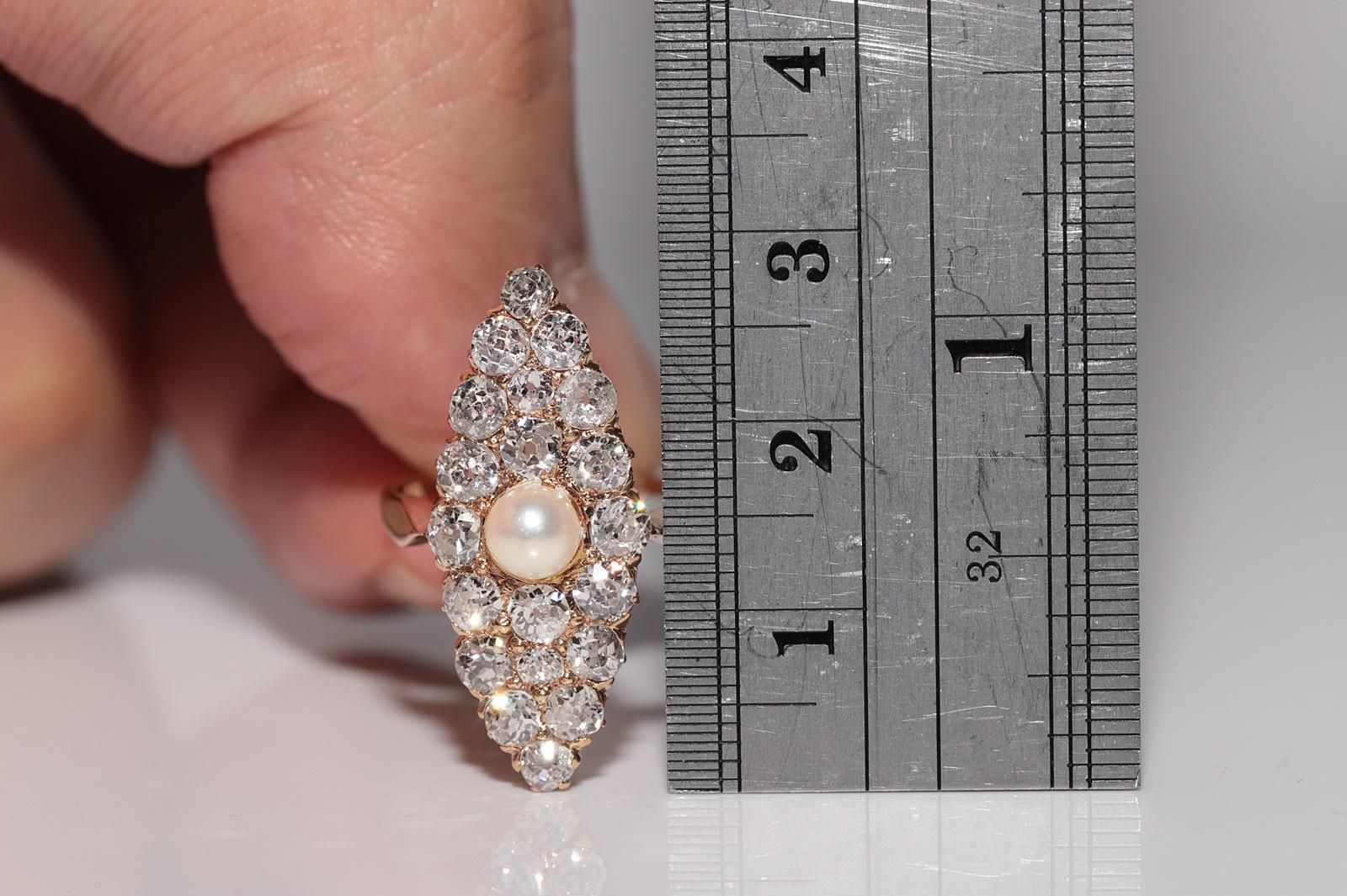 Antique Circa 1900s 18k Gold Natural Old Cut Diamond And Pearl Navette Ring In Good Condition For Sale In Fatih/İstanbul, 34