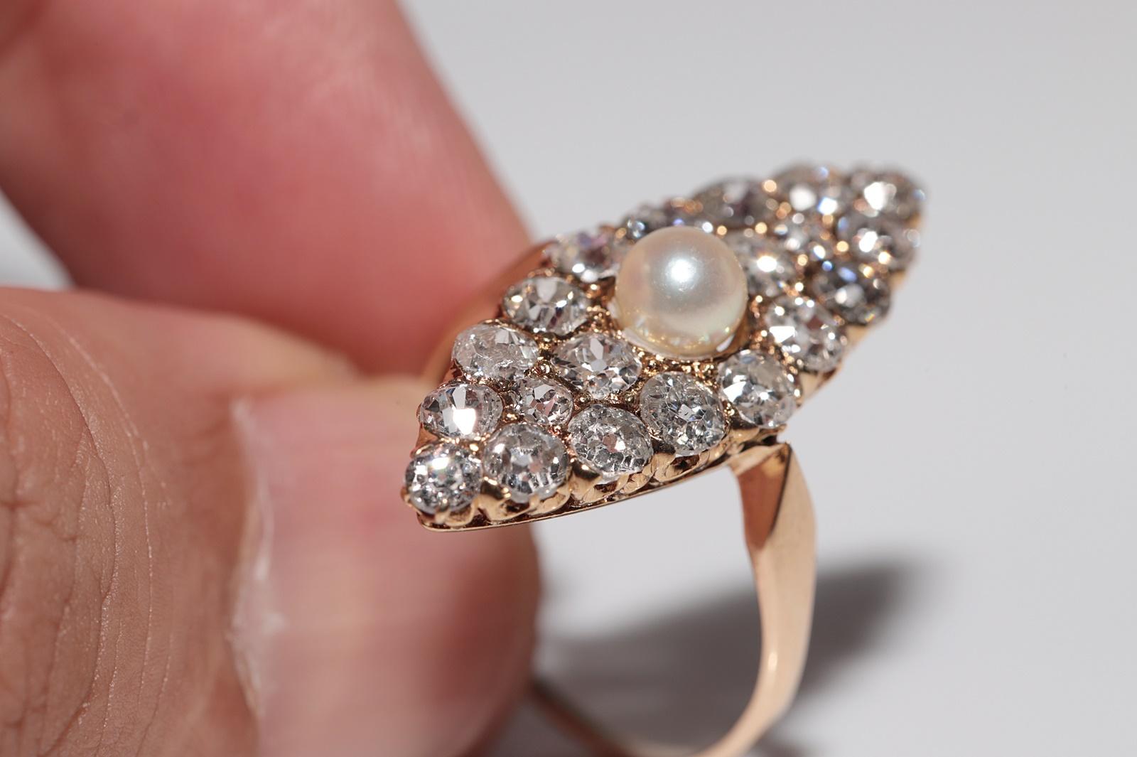 Antique Circa 1900s 18k Gold Natural Old Cut Diamond And Pearl Navette Ring For Sale 1