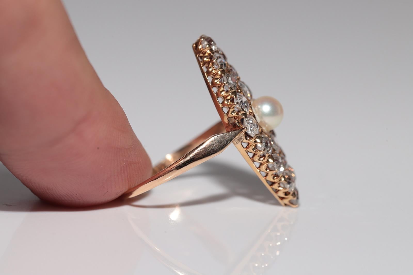 Antique Circa 1900s 18k Gold Natural Old Cut Diamond And Pearl Navette Ring For Sale 2