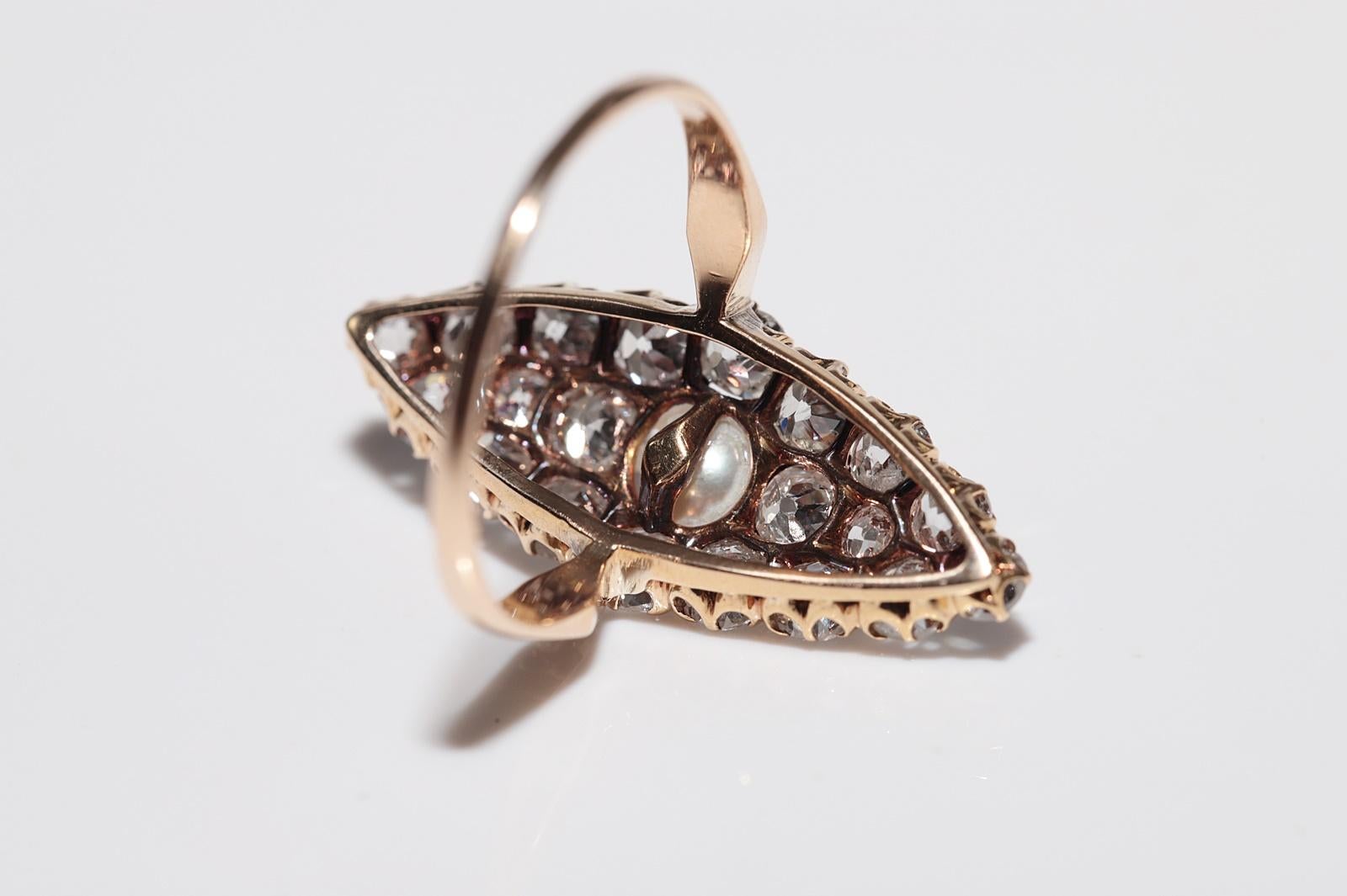 Antique Circa 1900s 18k Gold Natural Old Cut Diamond And Pearl Navette Ring For Sale 3