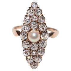 Antiker Navette-Ring aus 18 Karat Gold mit Diamanten im natürlichen Altschliff und Perlen, um 1900