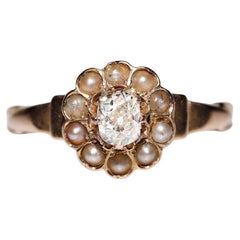 Antique Circa 1900s 18k Gold Natural Old Cut Diamond And Pearl Ring