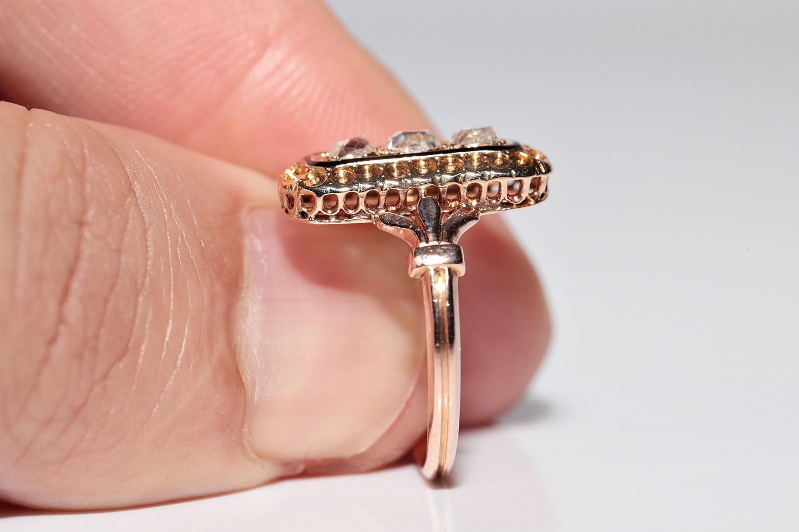 Antique Circa 1900s 18k Gold Natural Old Cut Diamond Decorated Enamel Ring For Sale 2