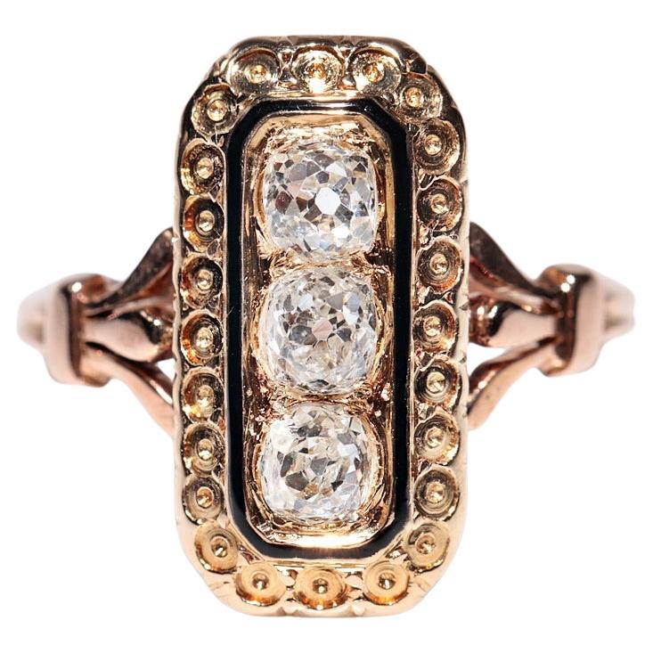Antique Circa 1900s 18k Gold Natural Old Cut Diamond Decorated Enamel Ring For Sale