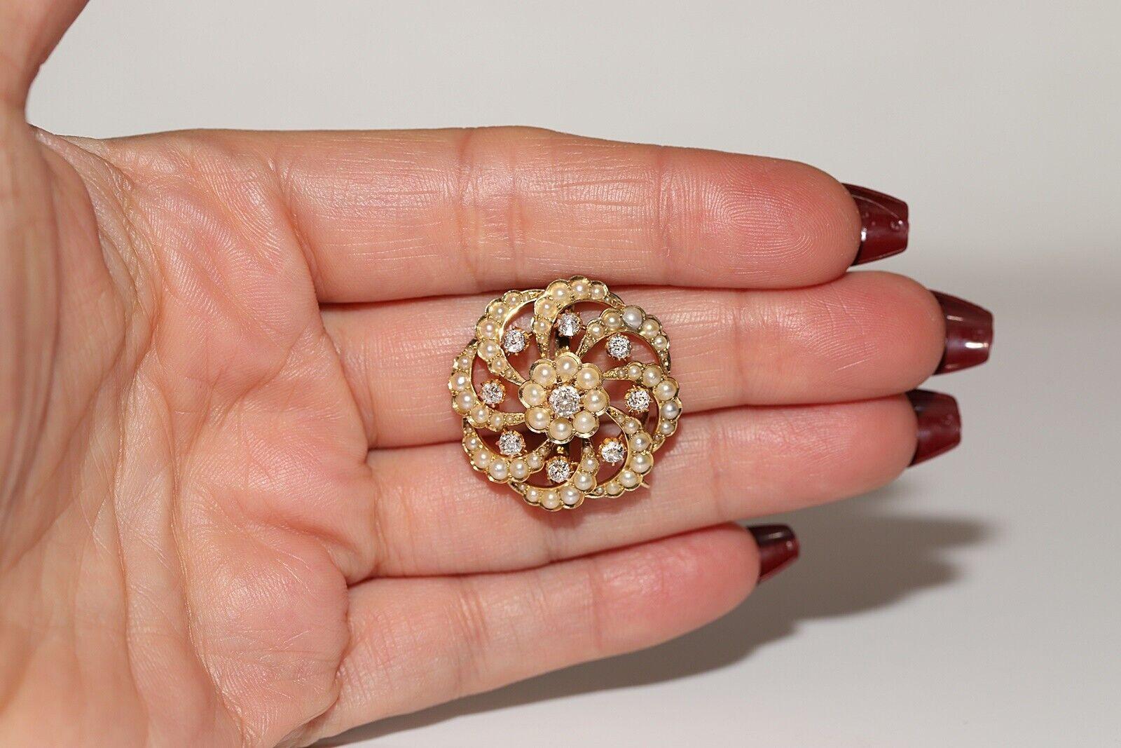 Broche ancienne des années 1900 en or 18 carats décorée de diamants naturels taille ancienne et de perles Bon état - En vente à Fatih/İstanbul, 34