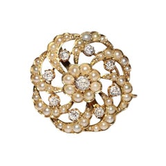 Spilla antica CIRCA 1900 in oro 18k con diamante naturale taglio vecchio e perla decorata