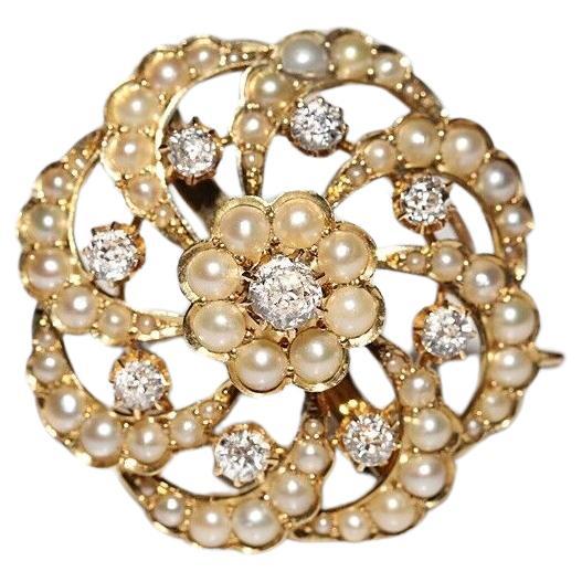  Antique Circa 1900s 18k Gold Natural Old Cut Diamond Pearl Decorated Brooch