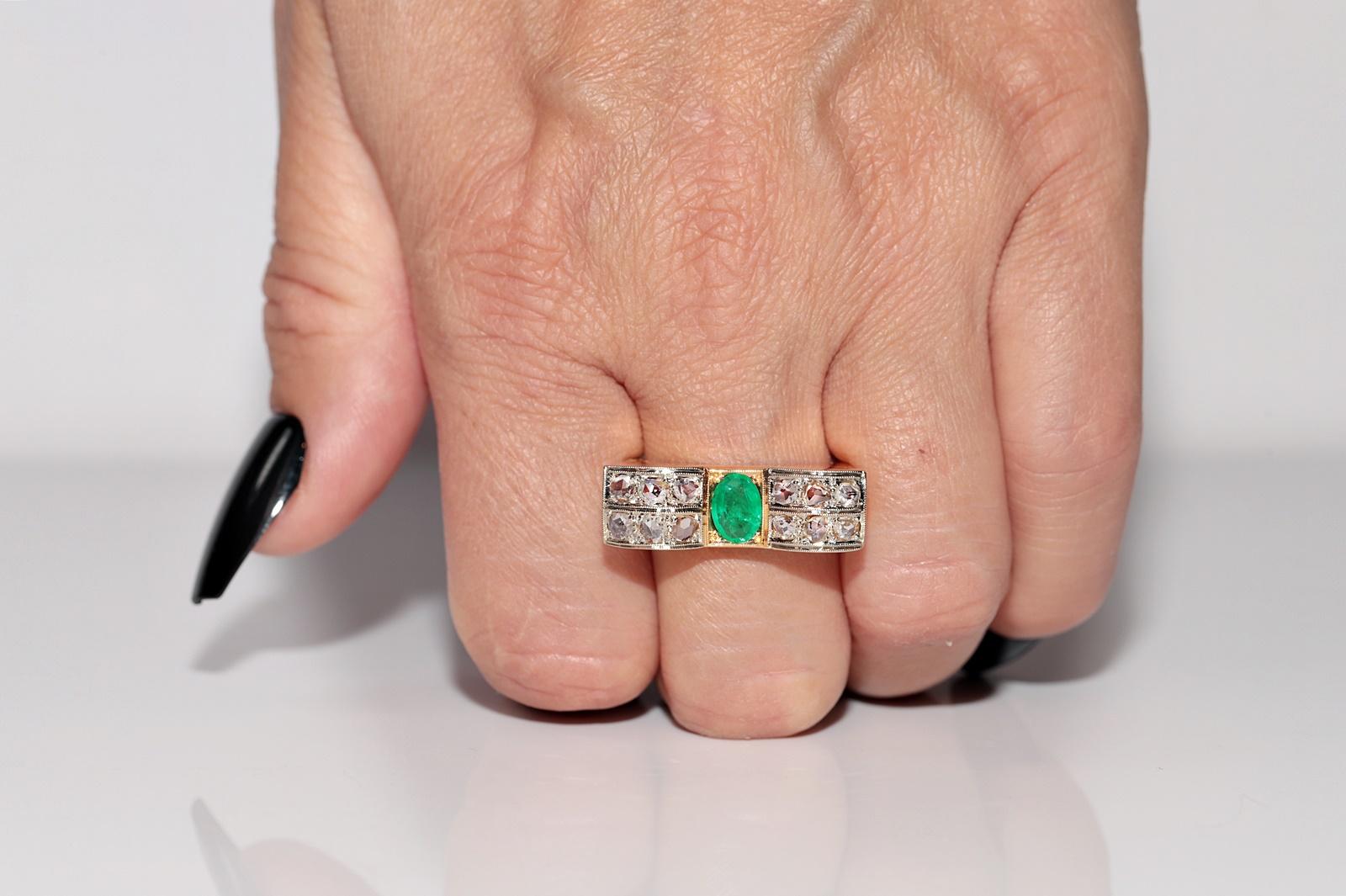 Antike CIRCA 1900s 18k Gold Natürliche Rose Cut Diamant und Smaragd Ring (Viktorianisch) im Angebot