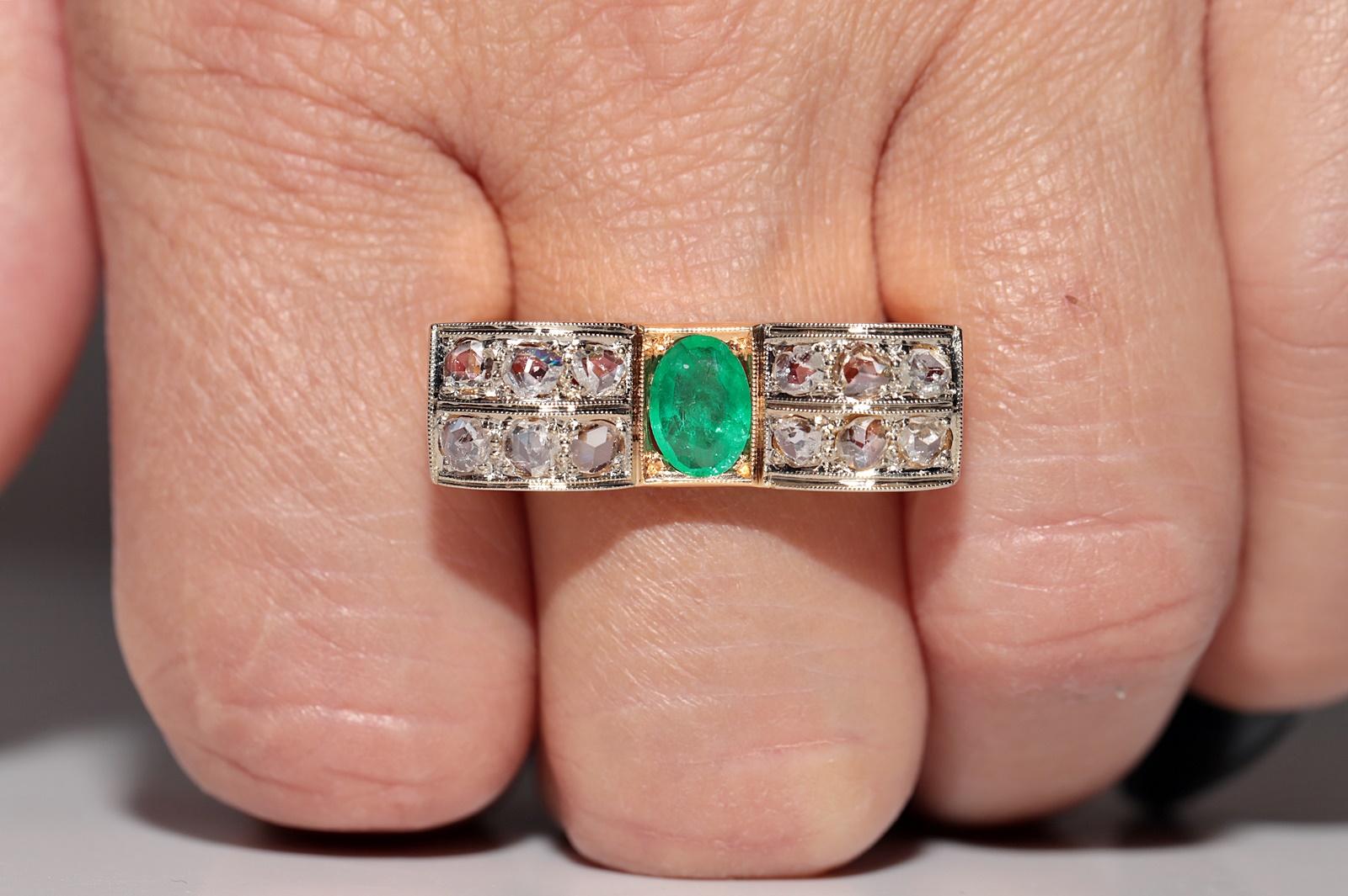 Antike CIRCA 1900s 18k Gold Natürliche Rose Cut Diamant und Smaragd Ring (Rosenschliff) im Angebot