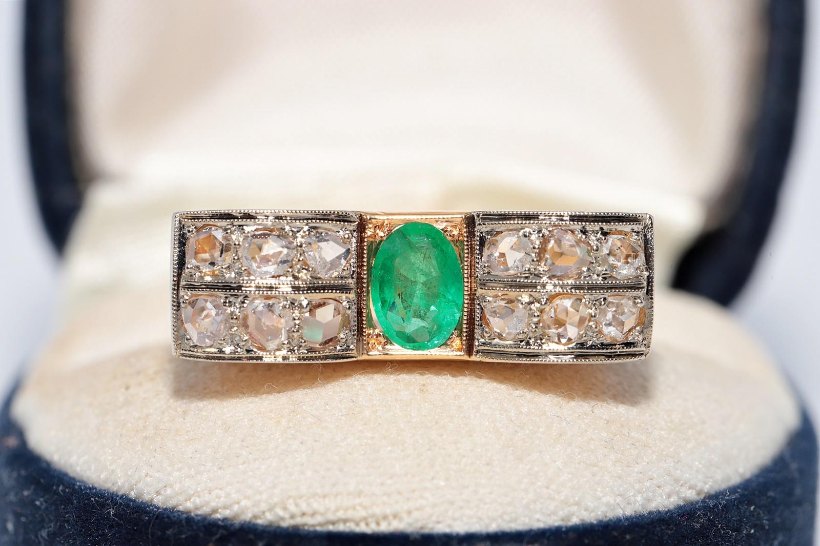 Antike CIRCA 1900s 18k Gold Natürliche Rose Cut Diamant und Smaragd Ring Damen im Angebot