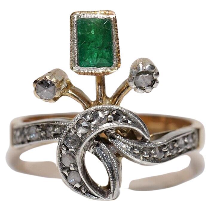Antique Circa 1900s 18k Gold Natural Rose Cut Diamond And Emerald Ring