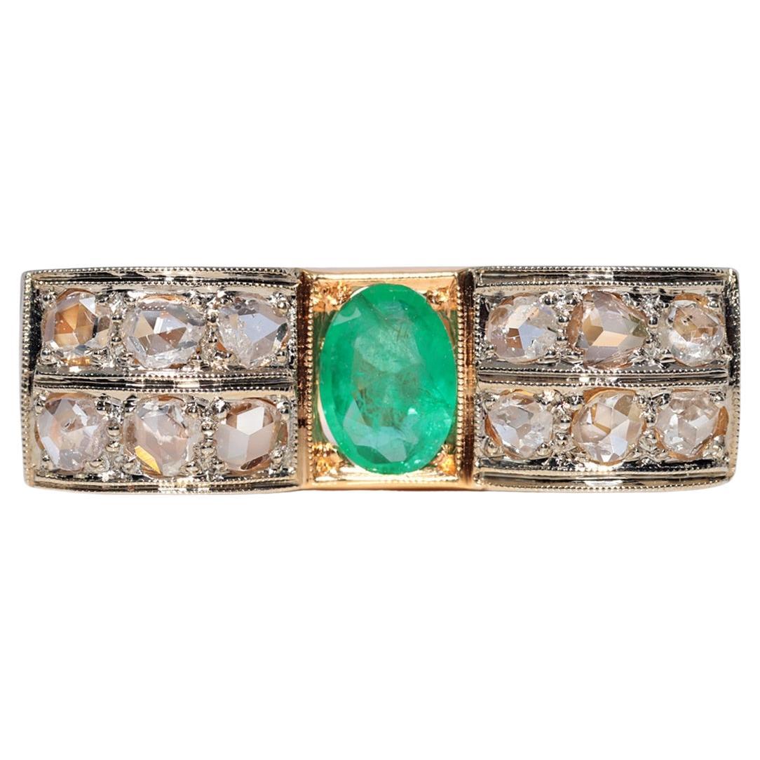 Antique Circa 1900s 18k Gold Natural Rose Cut Diamond And Emerald Ring