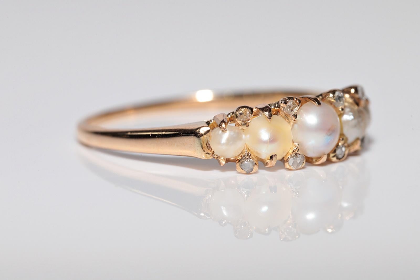 Antique Circa 1900s 18k Gold Natural Rose Cut Diamond And Pearl Band Ring For Sale 5