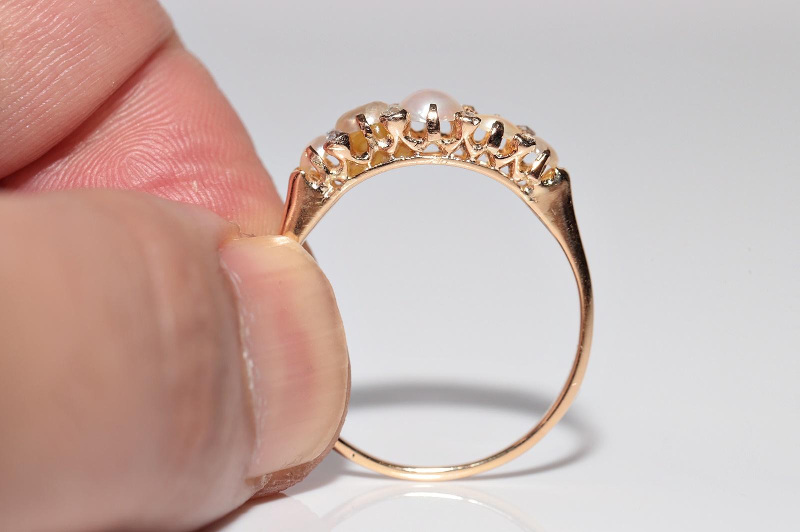 Antique Circa 1900s 18k Gold Natural Rose Cut Diamond And Pearl Band Ring For Sale 7