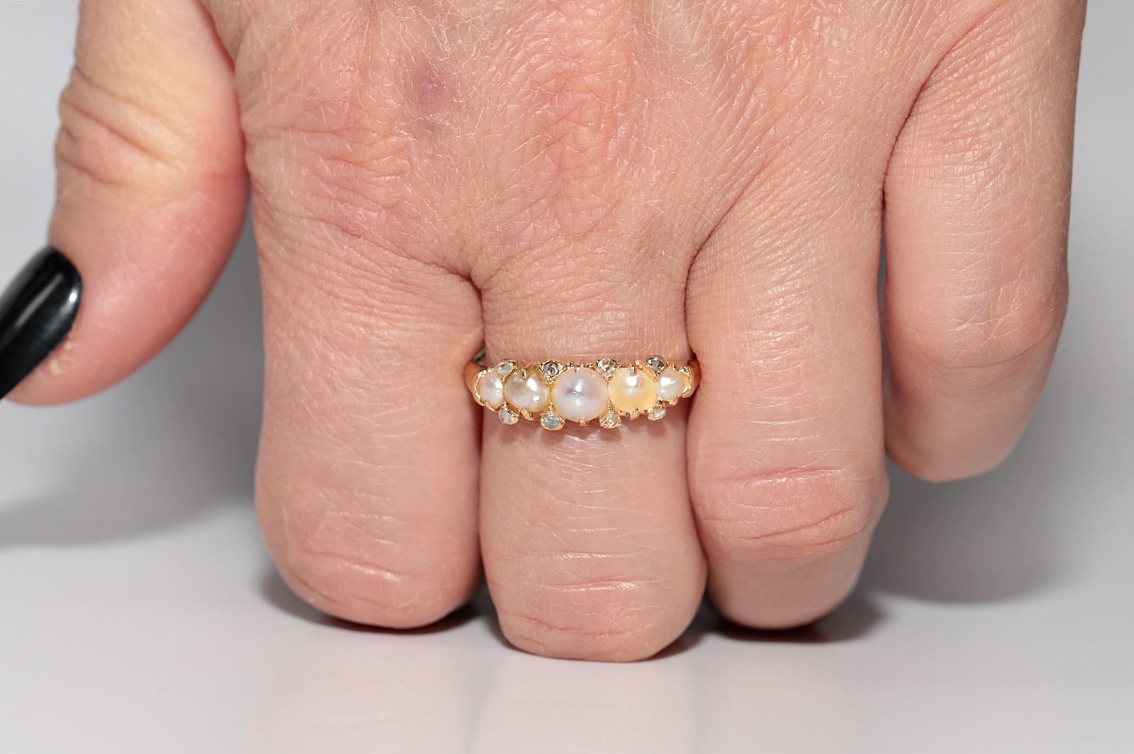 Victorian Antique Circa 1900s 18k Gold Natural Rose Cut Diamond And Pearl Band Ring For Sale