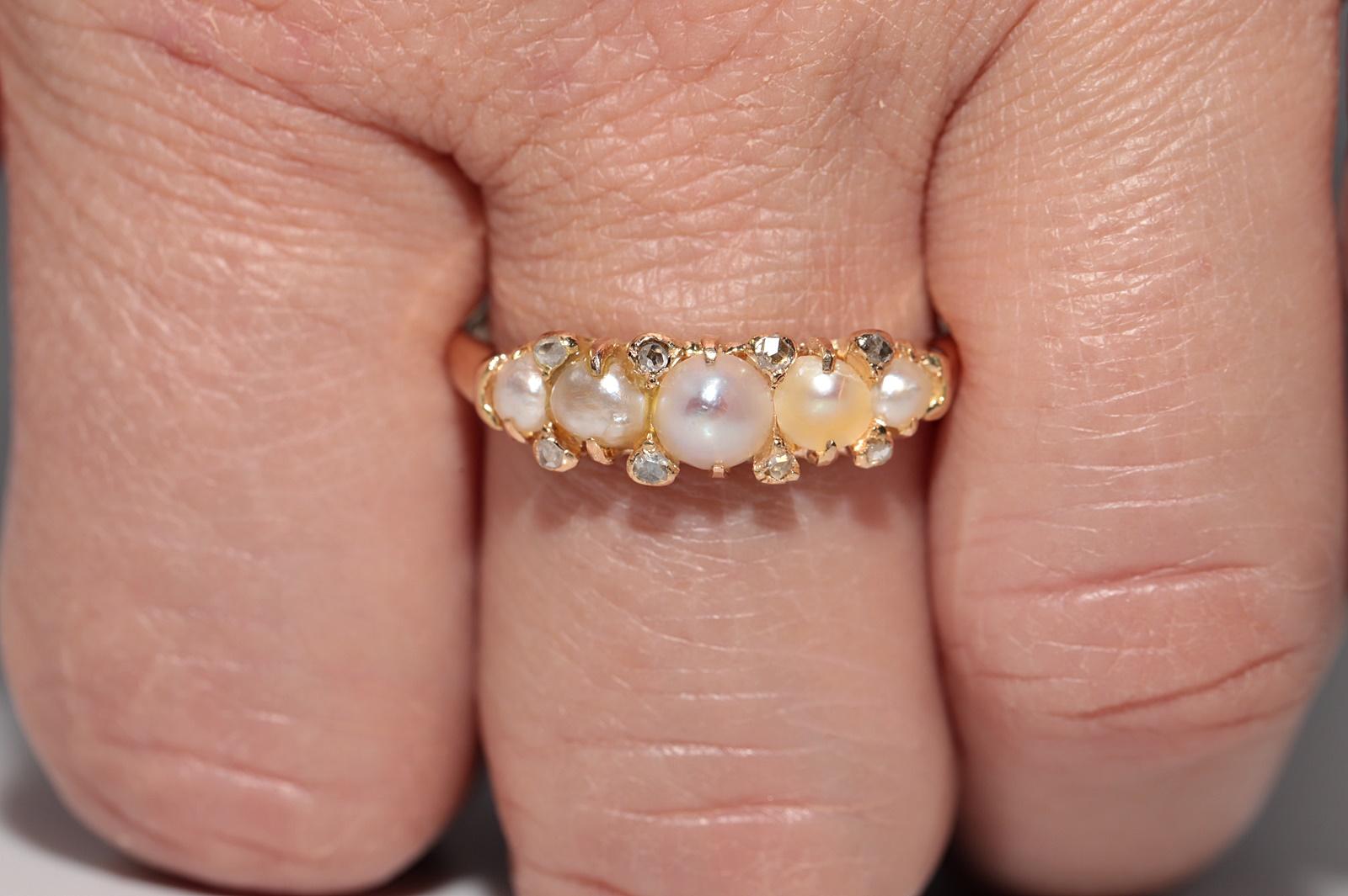 Antique Circa 1900s 18k Gold Natural Rose Cut Diamond And Pearl Band Ring In Good Condition For Sale In Fatih/İstanbul, 34