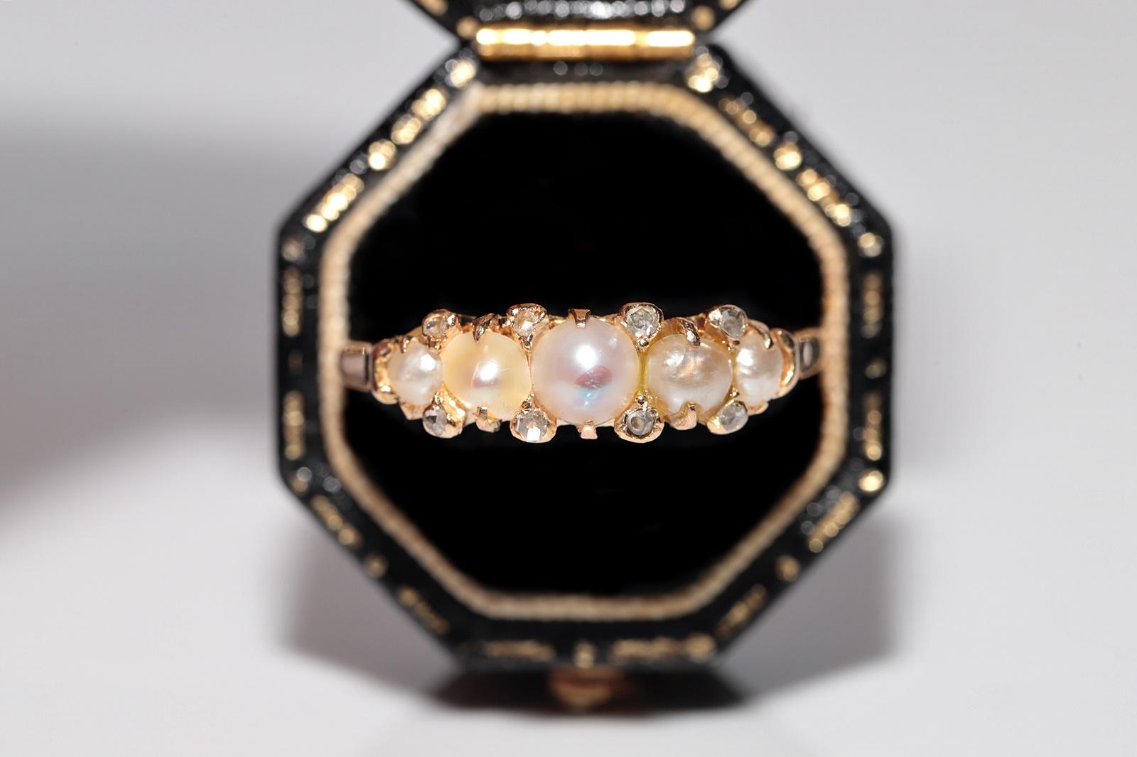 Antique Circa 1900s 18k Gold Natural Rose Cut Diamond And Pearl Band Ring For Sale 1