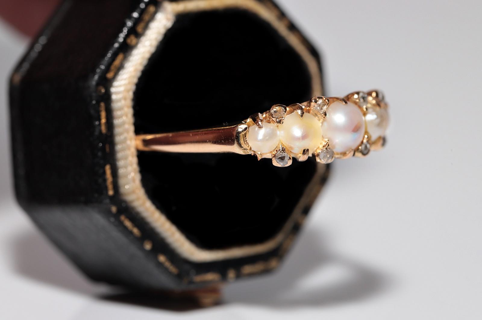 Antique Circa 1900s 18k Gold Natural Rose Cut Diamond And Pearl Band Ring For Sale 2