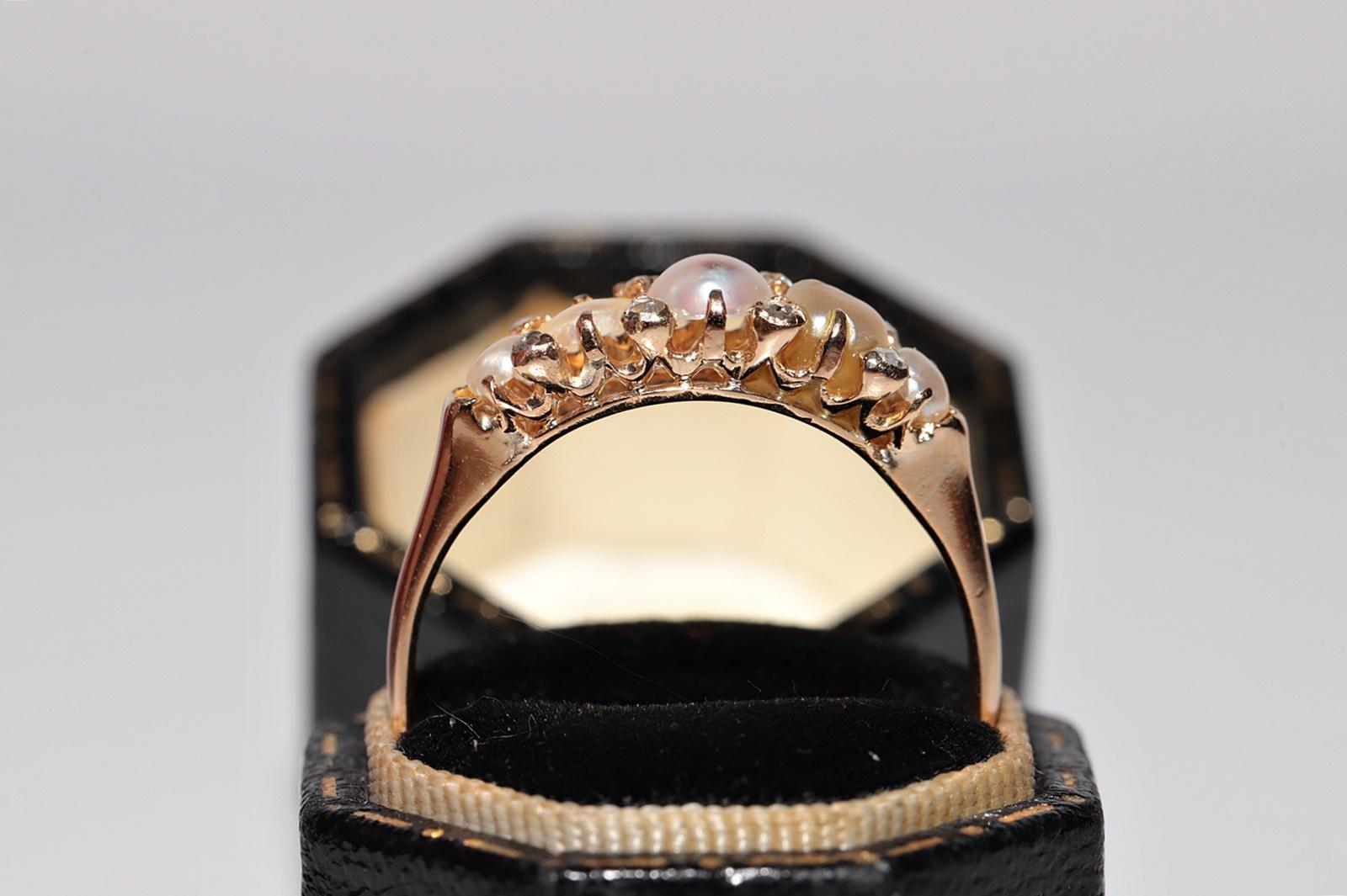 Antique Circa 1900s 18k Gold Natural Rose Cut Diamond And Pearl Band Ring For Sale 3