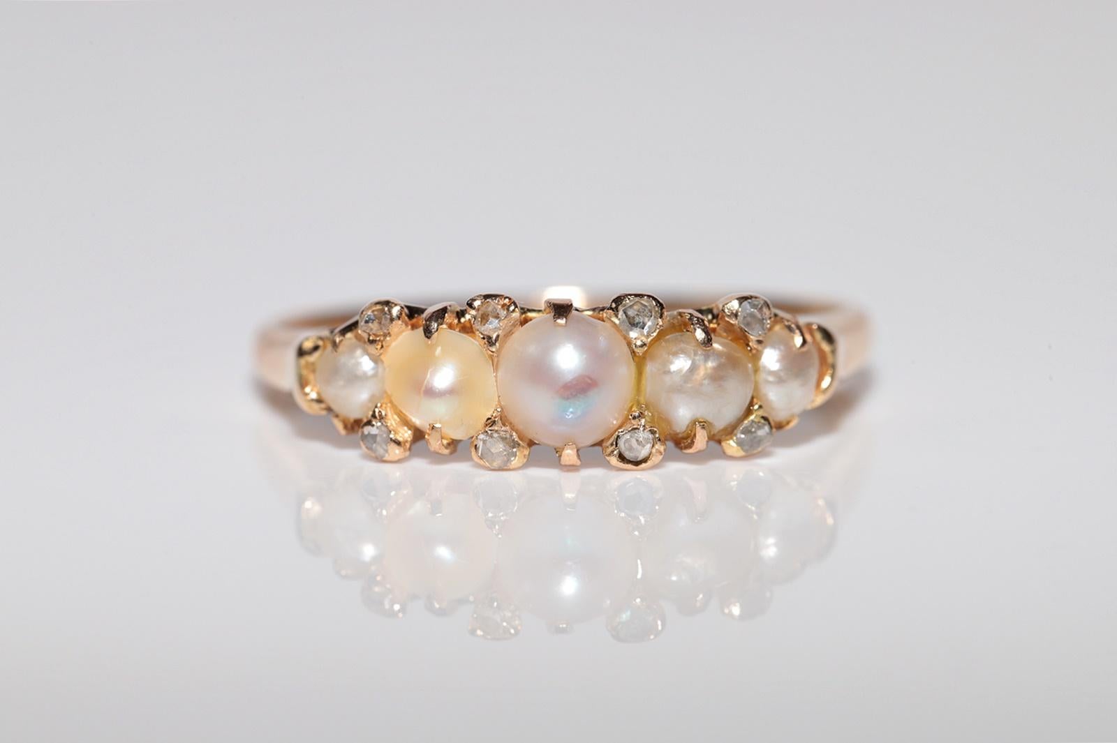 Antique Circa 1900s 18k Gold Natural Rose Cut Diamond And Pearl Band Ring For Sale 4