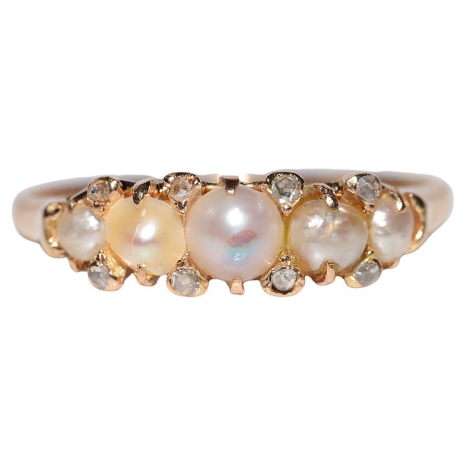 Antique Circa 1900s 18k Gold Natural Rose Cut Diamond And Pearl Band Ring For Sale