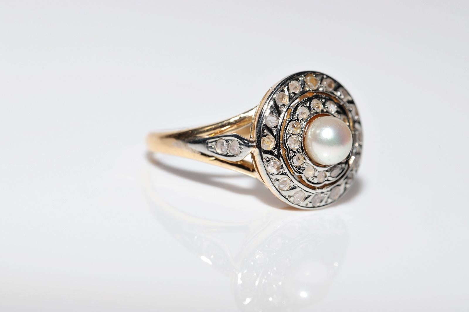 Antique Circa 1900s 18k Gold Natural Rose Cut Diamond And Pearl Decorated Ring For Sale 6