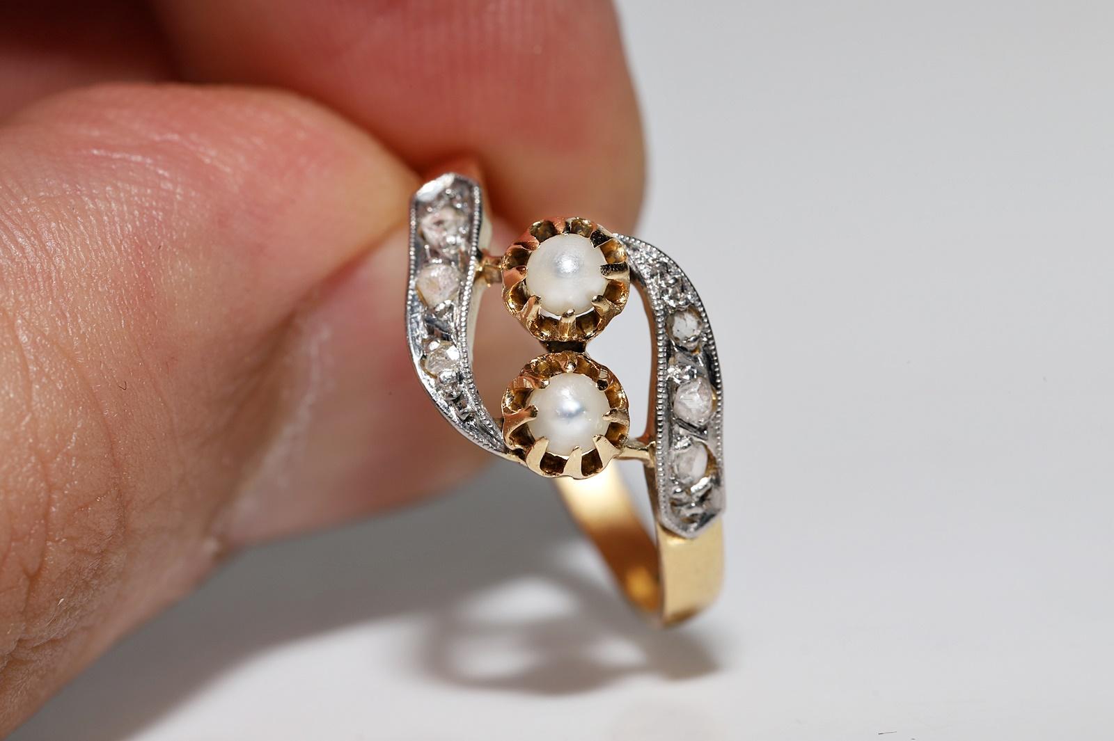 Antique Circa 1900s 18k Gold Natural Rose Cut Diamond And Pearl Decorated Ring For Sale 7