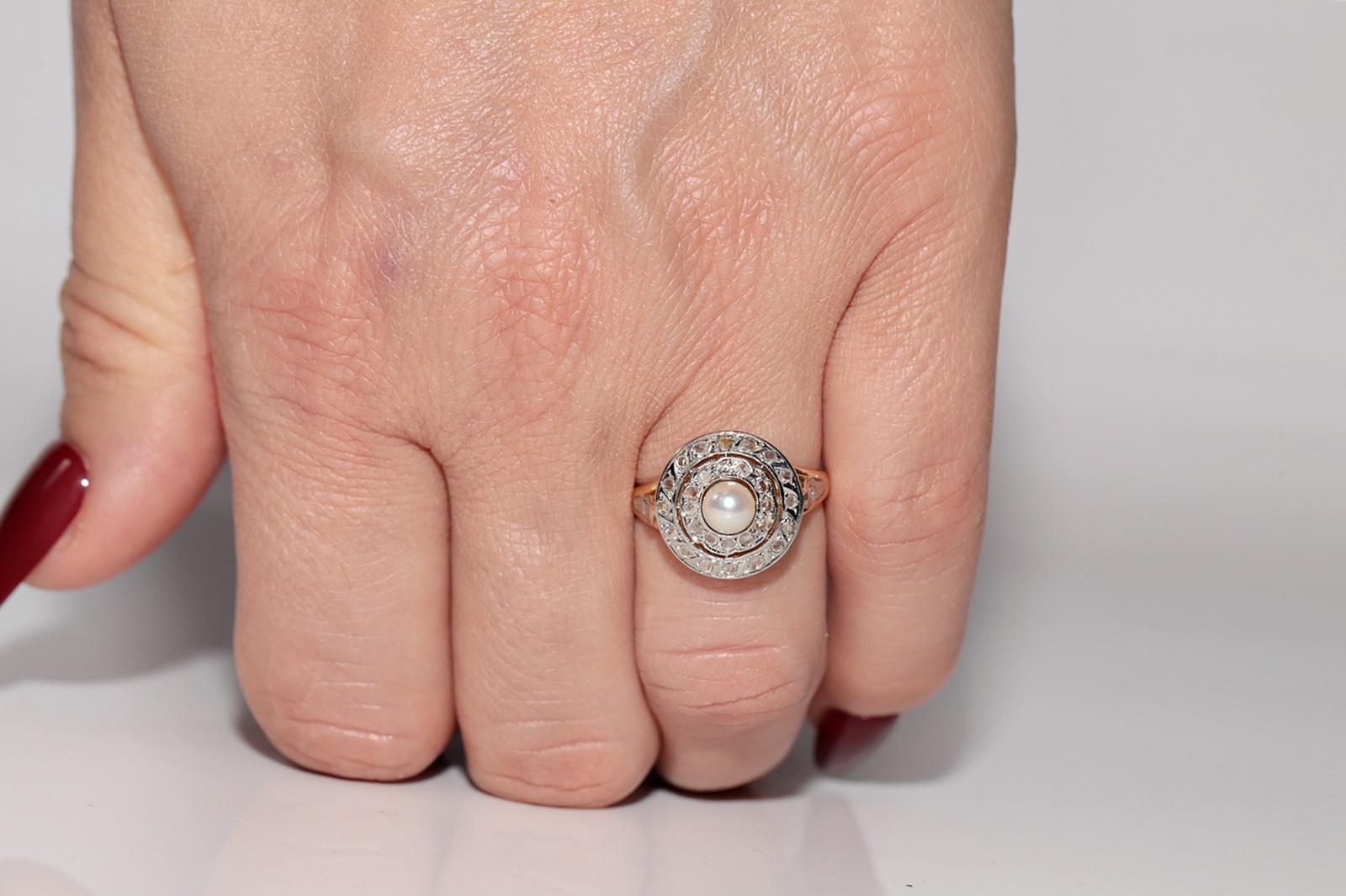 Victorian Antique Circa 1900s 18k Gold Natural Rose Cut Diamond And Pearl Decorated Ring For Sale