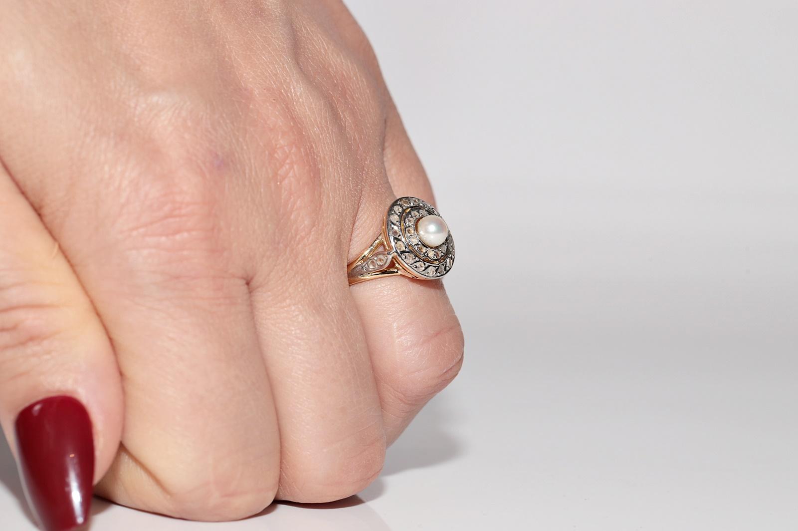 Women's Antique Circa 1900s 18k Gold Natural Rose Cut Diamond And Pearl Decorated Ring For Sale