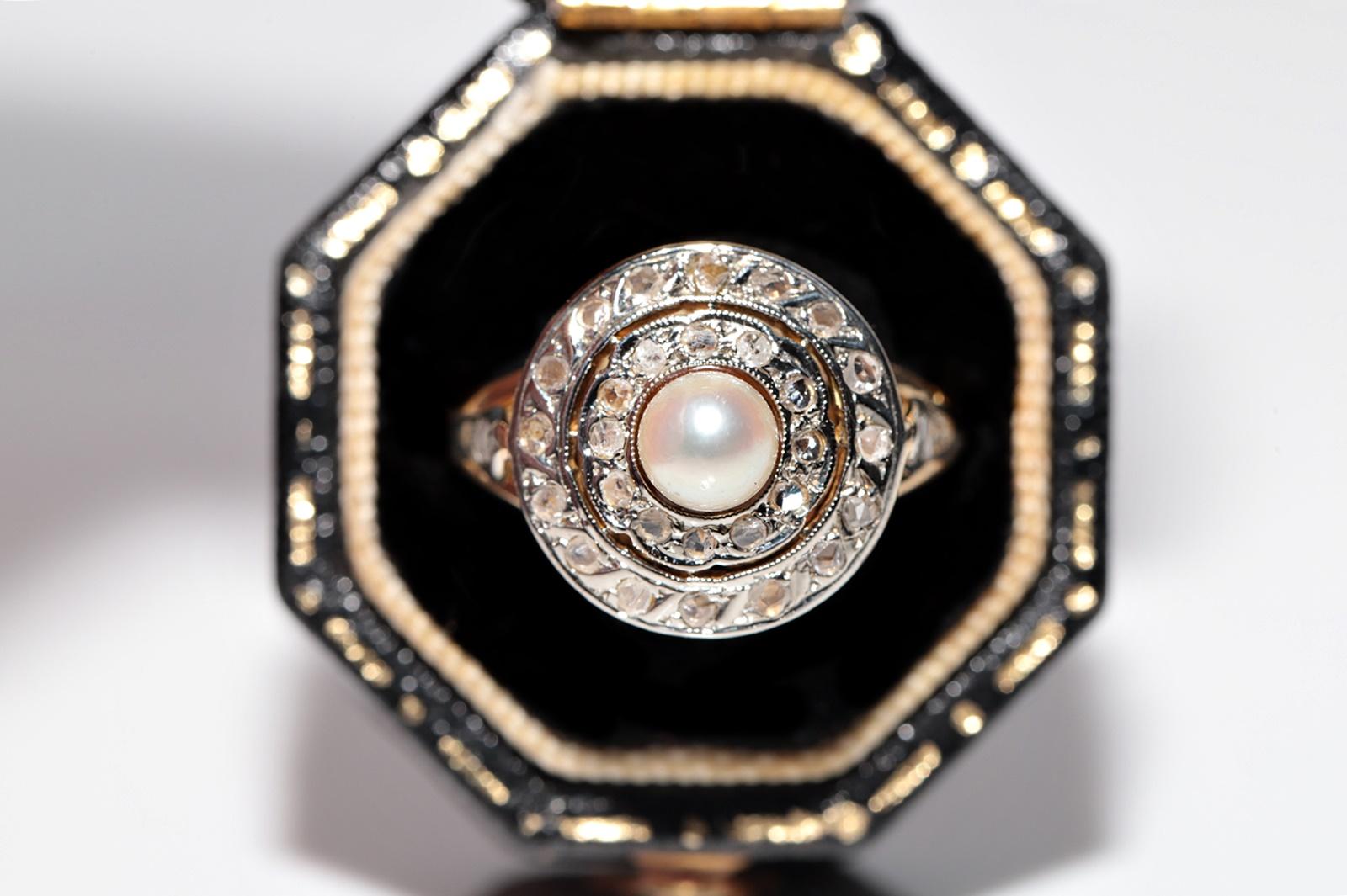 Antique Circa 1900s 18k Gold Natural Rose Cut Diamond And Pearl Decorated Ring For Sale 1
