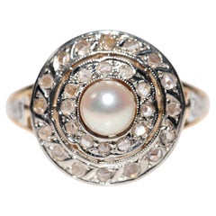 Antique Circa 1900s 18k Gold Natural Rose Cut Diamond And Pearl Decorated Ring
