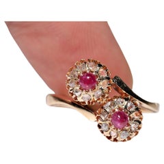 Antique Circa 1900s 18k Gold Natural Rose Cut Diamond And Ruby Decorated Ring
