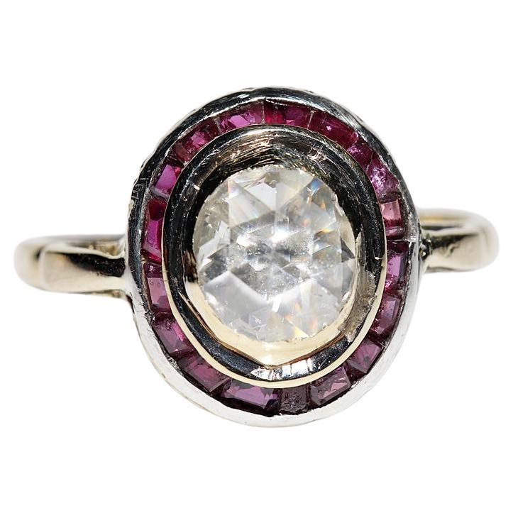 Antique Circa 1900s 18k Gold Natural Rose Cut Diamond And Ruby Solitaire Ring  For Sale