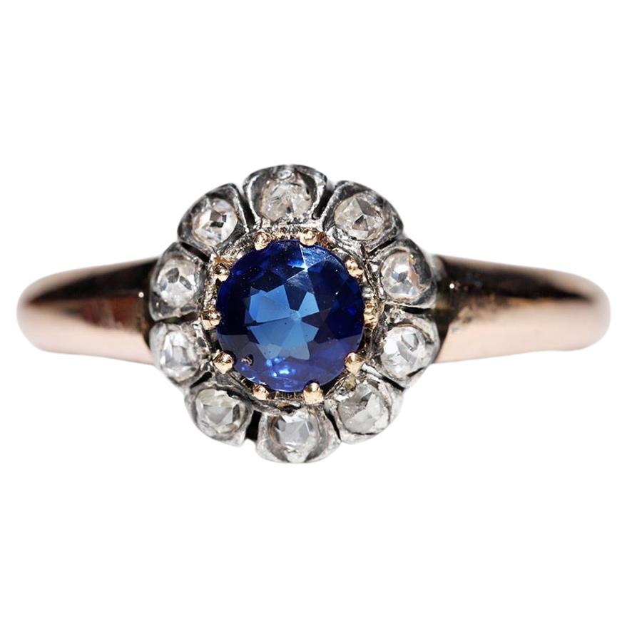 Antique Circa 1900s 18k Gold Natural Rose Cut Diamond And Sapphire Ring 