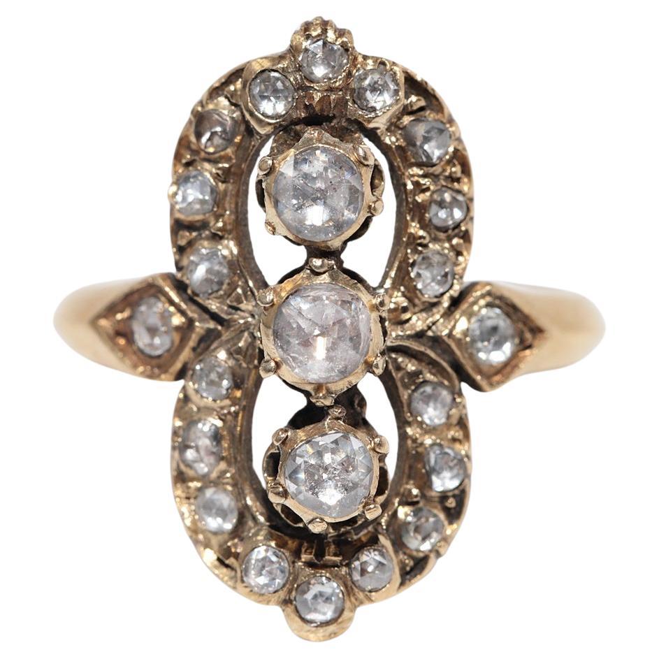 Antike CIRCA 1900s 18k Gold natürlichen Rosenschliff Diamant dekoriert Navette Ring