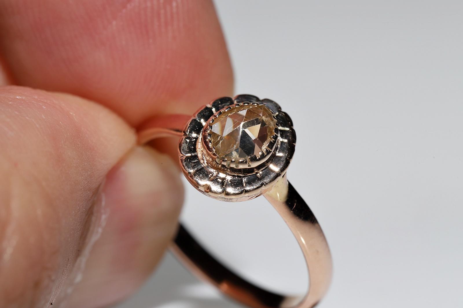 Antique Circa 1900s 18k Gold Natural Rose Cut Diamond Decorated Solitaire Ring For Sale 8