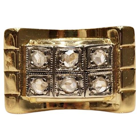 Antique Circa 1900s 18k Gold Natural Rose Cut Diamond Decorated Tank Ring 