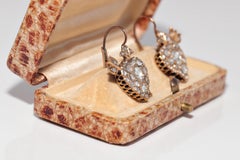 Antique Circa 1900s 18k Gold Natural Rose Cut Diamond Heart Arrow Earring