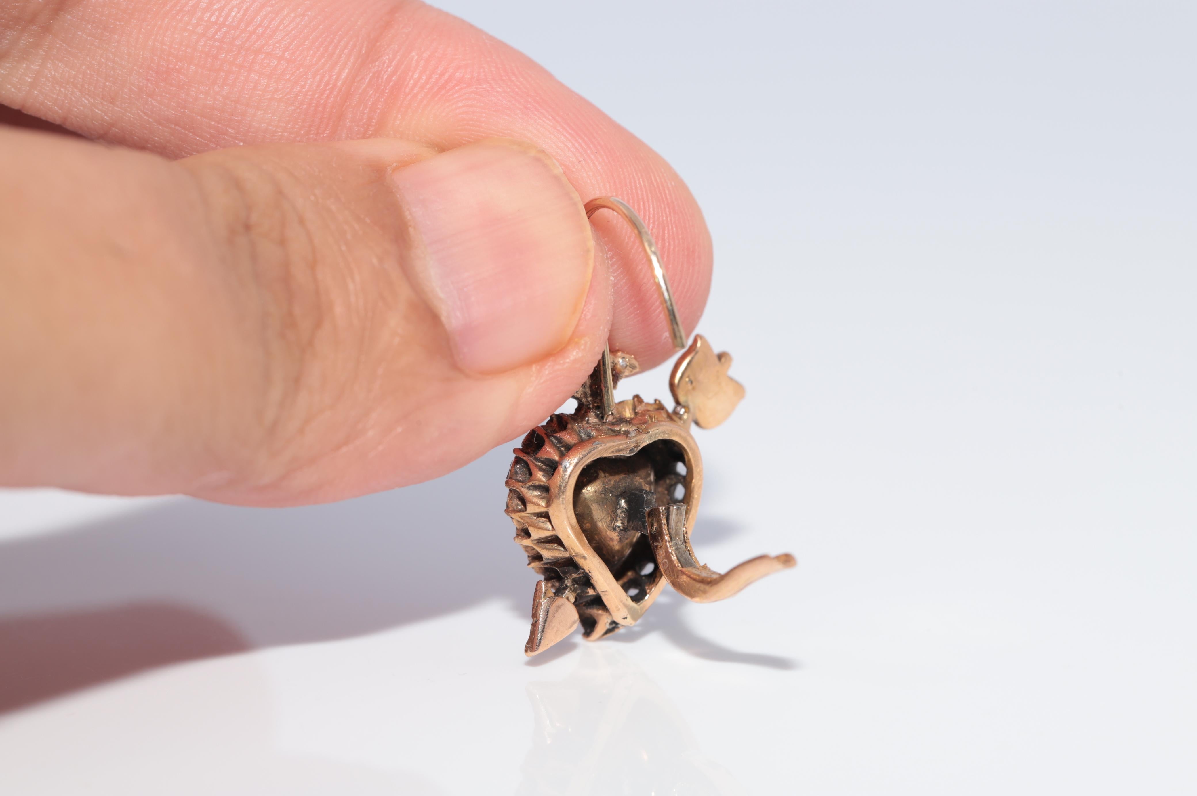 Antique Circa 1900s Or 18k Diamant naturel taille rose Heart Arrow Earring en vente 15